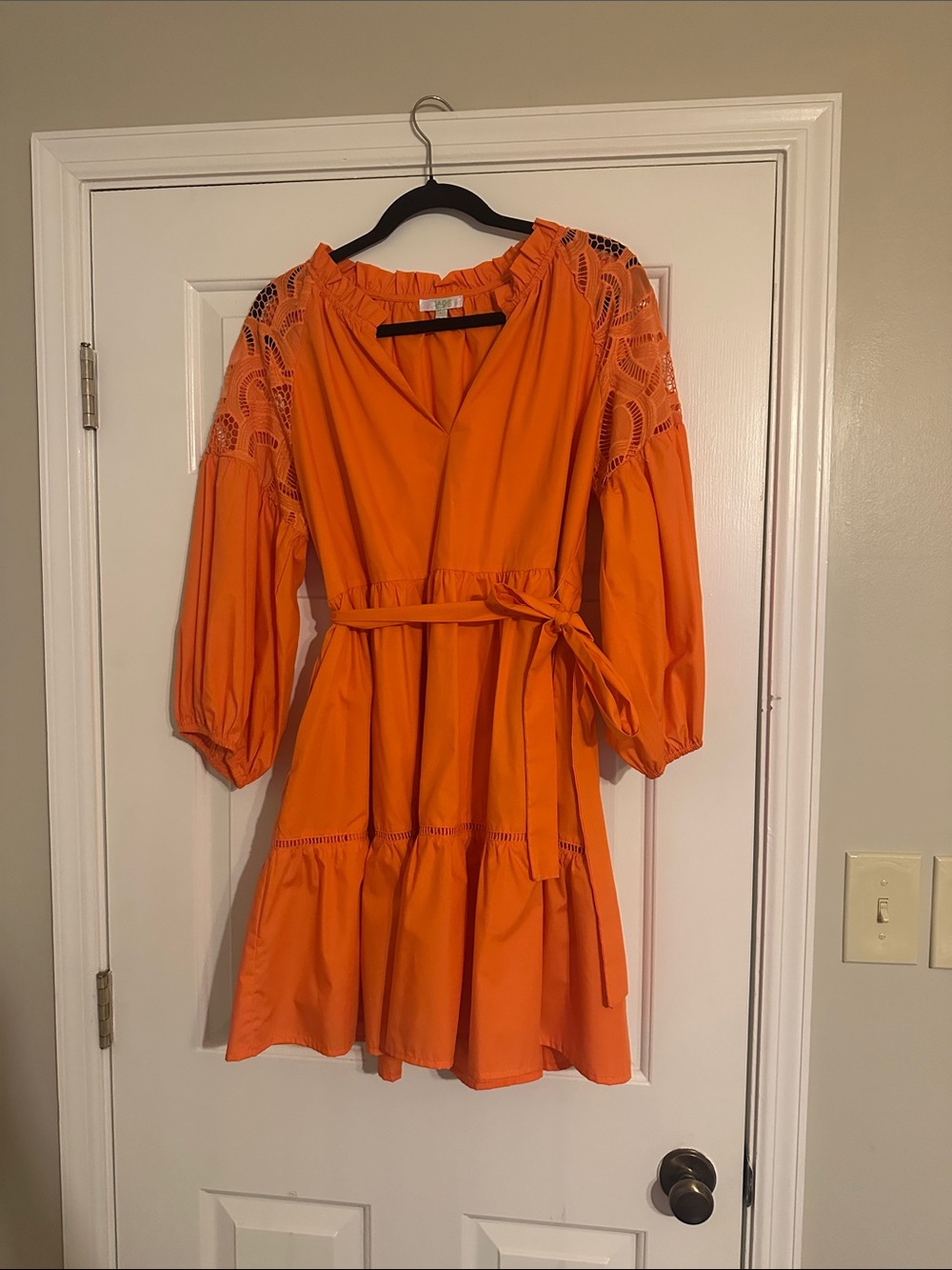 Jade Orange Tiered Lace-Shoulder Belted Dress
